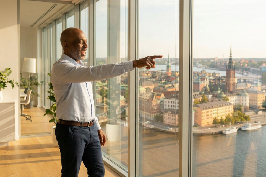Man i kontorsmiljö pekar ut över stadsvy från ett fönster