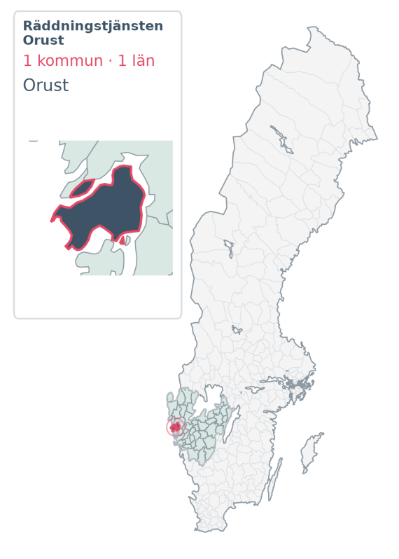 Täckningskarta för Räddningstjänsten Orust, med 1 kommuner enligt Klick Datas organisationsunderlag.