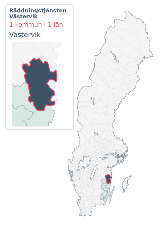 Täckningskarta för Räddningstjänsten Västervik, med 1 kommuner enligt Klick Datas organisationsunderlag.