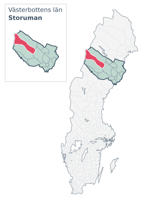 Översiktskarta över Storuman kommun i Västerbottens län, med kommunens läge i Sverige.