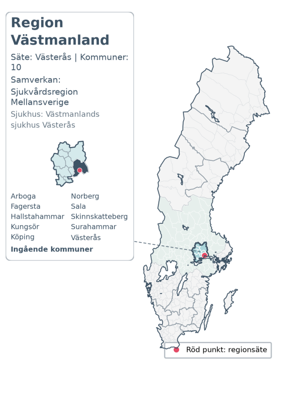 Översiktskarta över Region Västmanland. Regionen är markerad i Sverige.