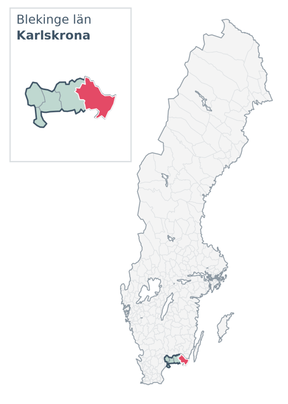 Översiktskarta över Karlskrona kommun i Blekinge län, med kommunens läge i Sverige.