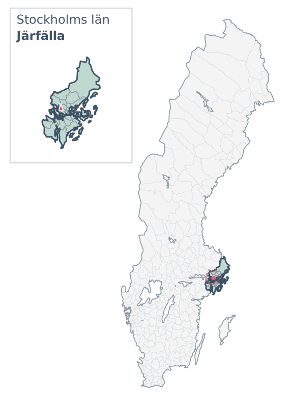 Översiktskarta över Järfälla kommun i Stockholms län, med kommunens läge i Sverige.
