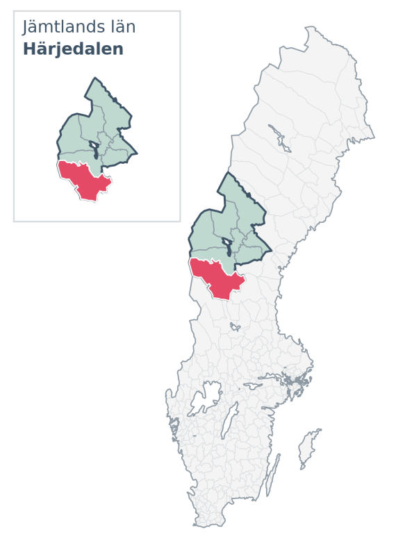 Översiktskarta över Härjedalen kommun i Jämtlands län, med kommunens läge i Sverige.