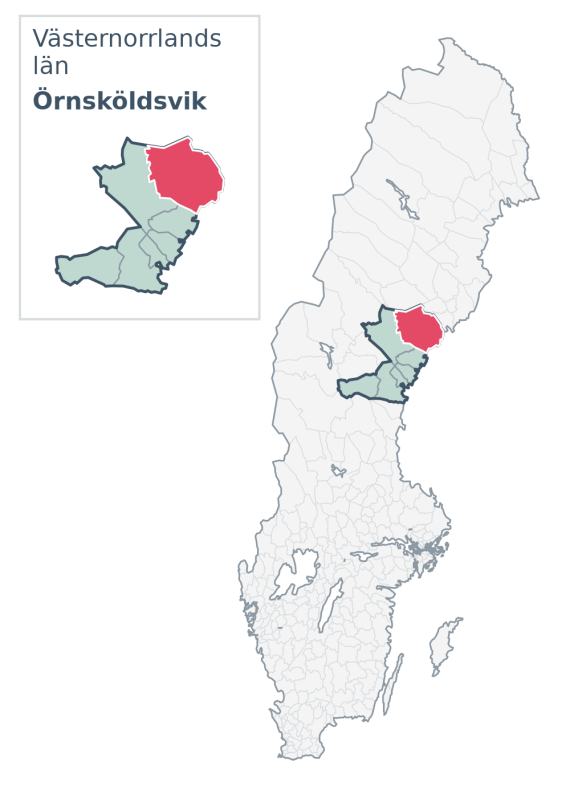 Översiktskarta över Örnsköldsvik kommun i Västernorrlands län, med kommunens läge i Sverige.