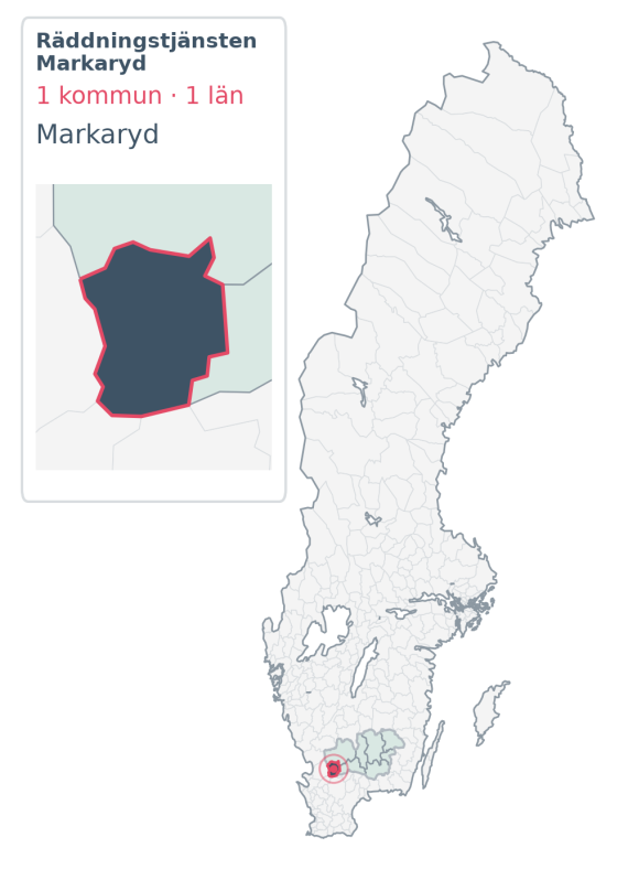 Täckningskarta för Räddningstjänsten Markaryd, med 1 kommuner enligt Klick Datas organisationsunderlag.