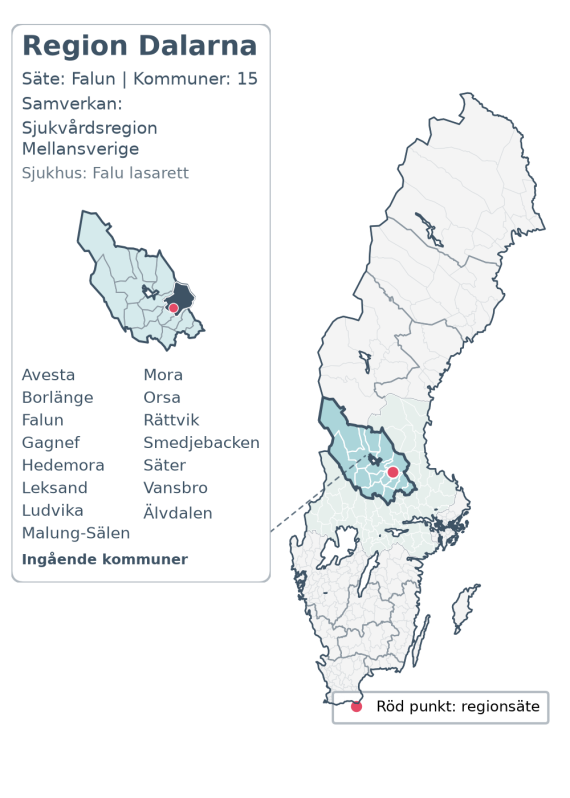 Översiktskarta över Region Dalarna. Regionen är markerad i Sverige.