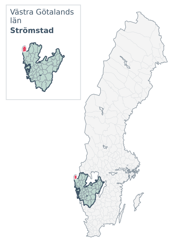 Översiktskarta över Strömstad kommun i Västra Götalands län, med kommunens läge i Sverige.