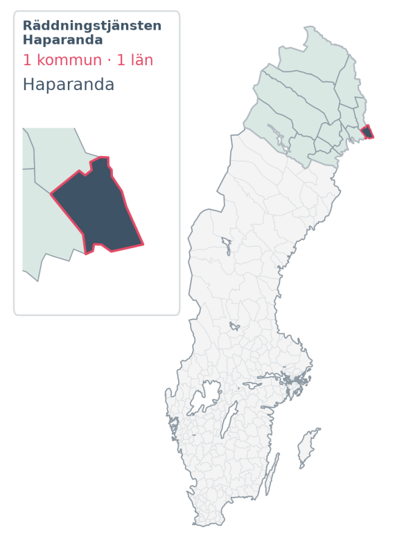 Täckningskarta för Räddningstjänsten Haparanda, med 1 kommuner enligt Klick Datas organisationsunderlag.