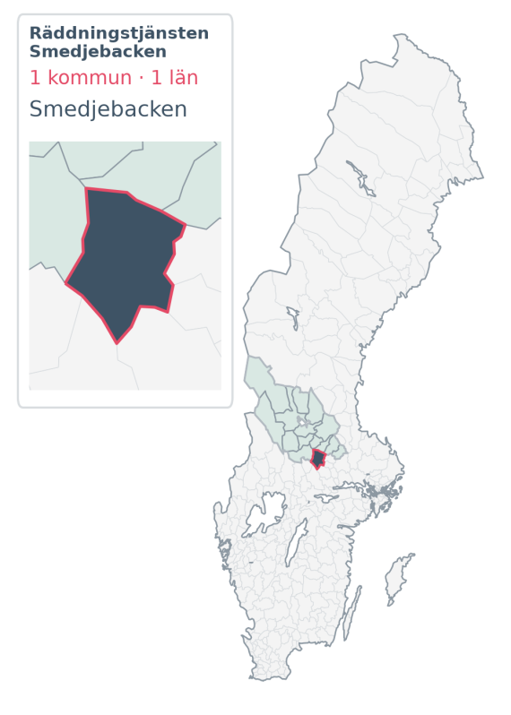 Täckningskarta för Räddningstjänsten Smedjebacken, med 1 kommuner enligt Klick Datas organisationsunderlag.