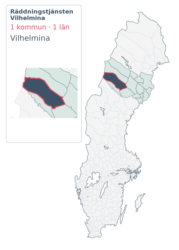 Täckningskarta för Räddningstjänsten Vilhelmina, med 1 kommuner enligt Klick Datas organisationsunderlag.