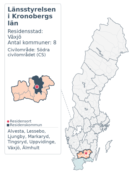 Översiktskarta över Länsstyrelsen i Kronobergs län. Länet är markerat i Sverige och inom sitt civilområde.