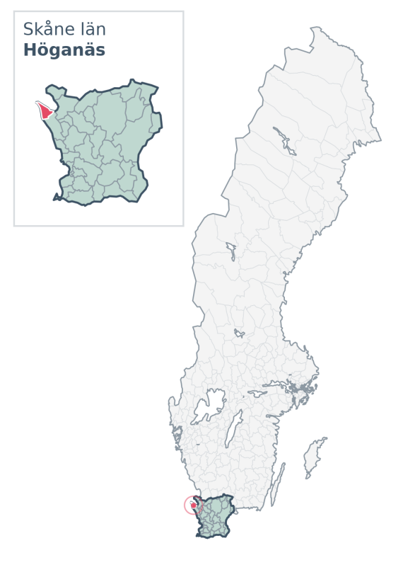 Översiktskarta över Höganäs kommun i Skåne län, med kommunens läge i Sverige.