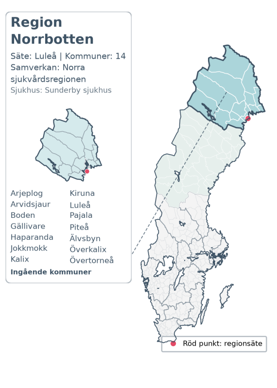 Översiktskarta över Region Norrbotten. Regionen är markerad i Sverige.