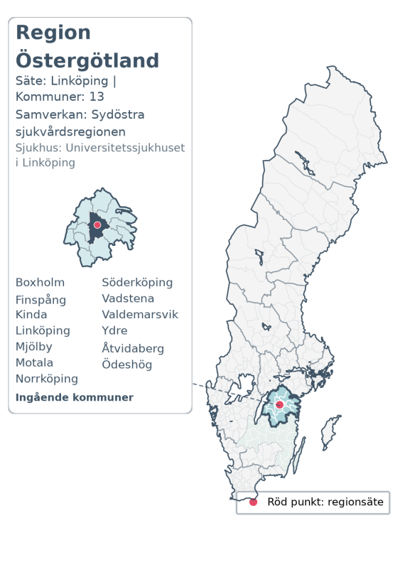 Översiktskarta över Region Östergötland. Regionen är markerad i Sverige.