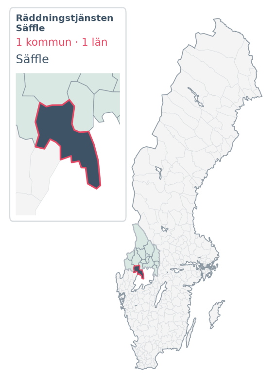 Täckningskarta för Räddningstjänsten Säffle, med 1 kommuner enligt Klick Datas organisationsunderlag.