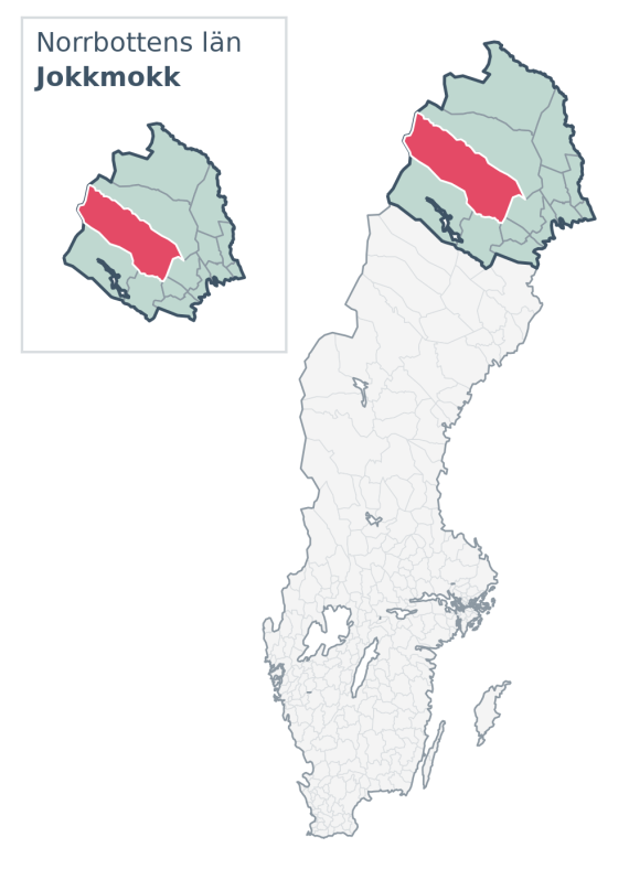 Översiktskarta över Jokkmokk kommun i Norrbottens län, med kommunens läge i Sverige.