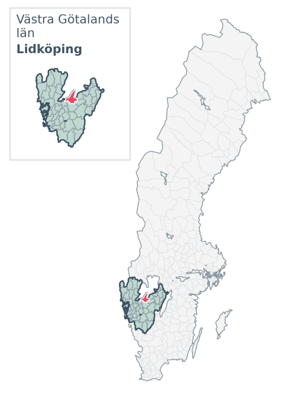 Översiktskarta över Lidköping kommun i Västra Götalands län, med kommunens läge i Sverige.