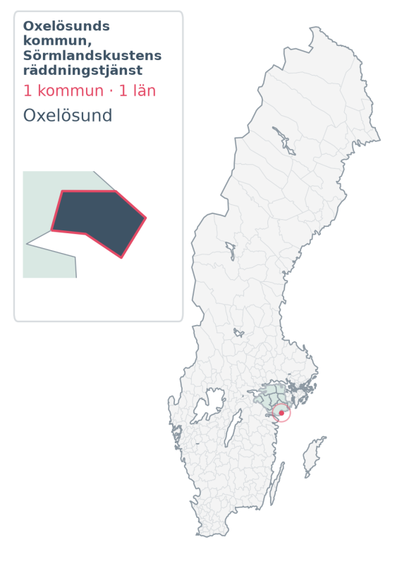 Täckningskarta för Oxelösunds kommun, Sörmlandskustens räddningstjänst, med 1 kommuner enligt Klick Datas organisationsunderlag.