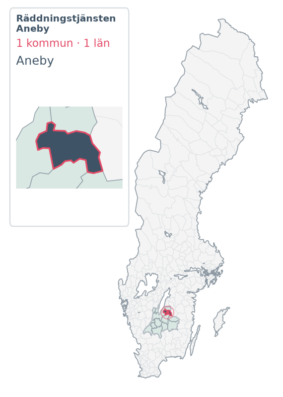 Täckningskarta för Räddningstjänsten Aneby, med 1 kommuner enligt Klick Datas organisationsunderlag.