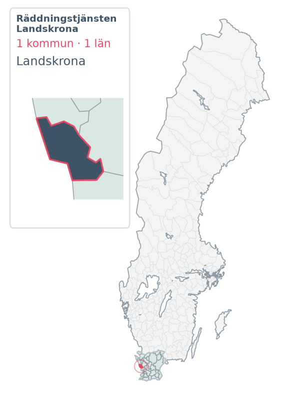 Täckningskarta för Räddningstjänsten Landskrona, med 1 kommuner enligt Klick Datas organisationsunderlag.