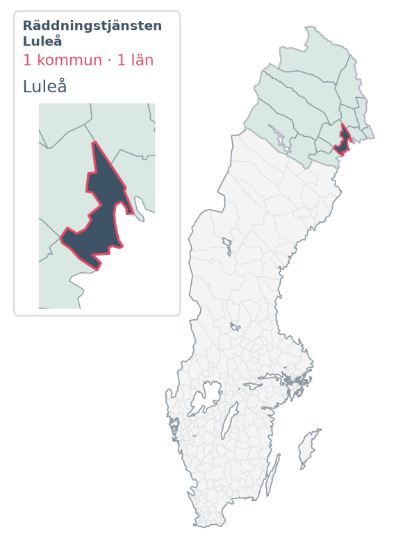 Täckningskarta för Räddningstjänsten Luleå, med 1 kommuner enligt Klick Datas organisationsunderlag.