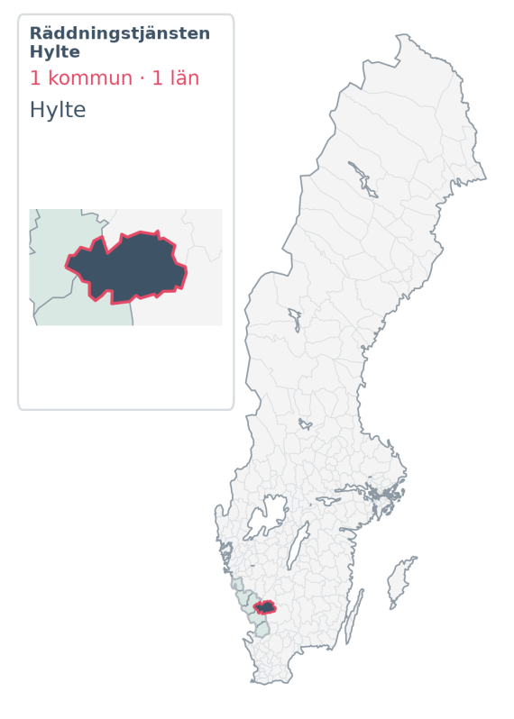 Täckningskarta för Räddningstjänsten Hylte, med 1 kommuner enligt Klick Datas organisationsunderlag.