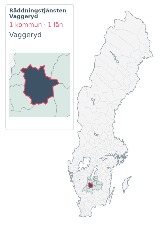 Täckningskarta för Räddningstjänsten Vaggeryd, med 1 kommuner enligt Klick Datas organisationsunderlag.
