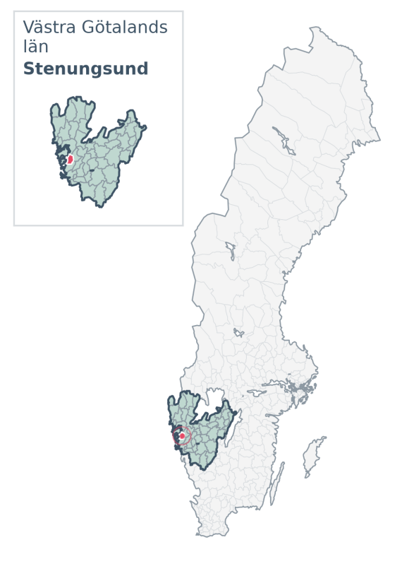 Översiktskarta över Stenungsund kommun i Västra Götalands län, med kommunens läge i Sverige.