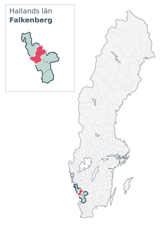 Översiktskarta över Falkenberg kommun i Hallands län, med kommunens läge i Sverige.