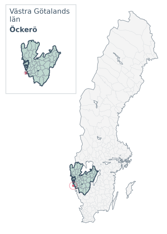Översiktskarta över Öckerö kommun i Västra Götalands län, med kommunens läge i Sverige.