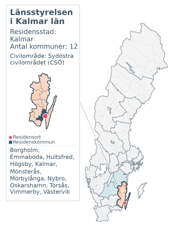 Översiktskarta över Länsstyrelsen i Kalmar län. Länet är markerat i Sverige och inom sitt civilområde.