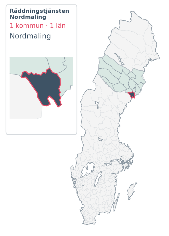 Täckningskarta för Räddningstjänsten Nordmaling, med 1 kommuner enligt Klick Datas organisationsunderlag.