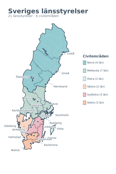 Sverigekarta med Sveriges 21 länsstyrelser.