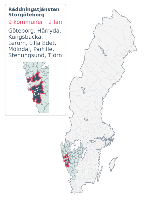 Täckningskarta för Räddningstjänsten Storgöteborg, med 9 kommuner enligt Klick Datas organisationsunderlag.