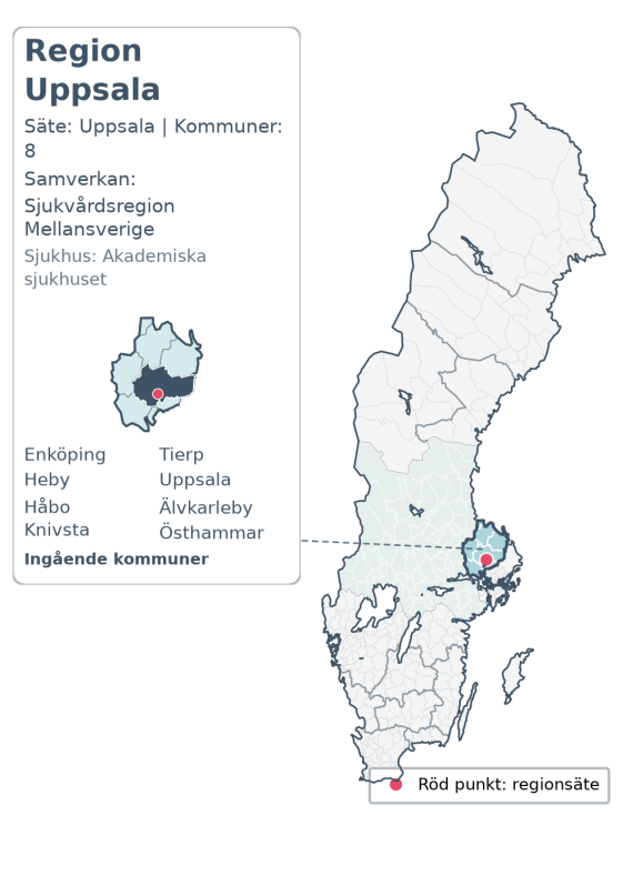Översiktskarta över Region Uppsala. Regionen är markerad i Sverige.