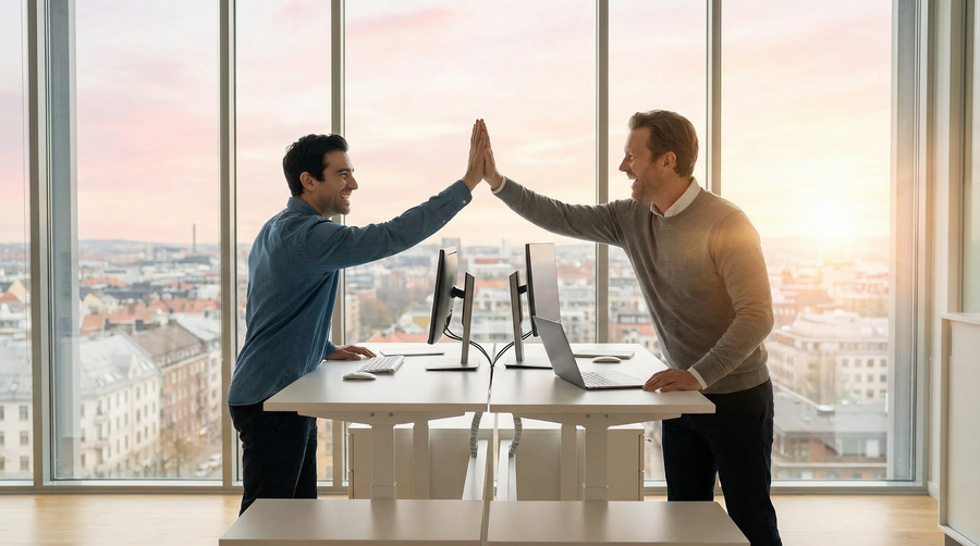 Två kollegor gör en high five över ett skrivbord i en ljus kontorsmiljö.