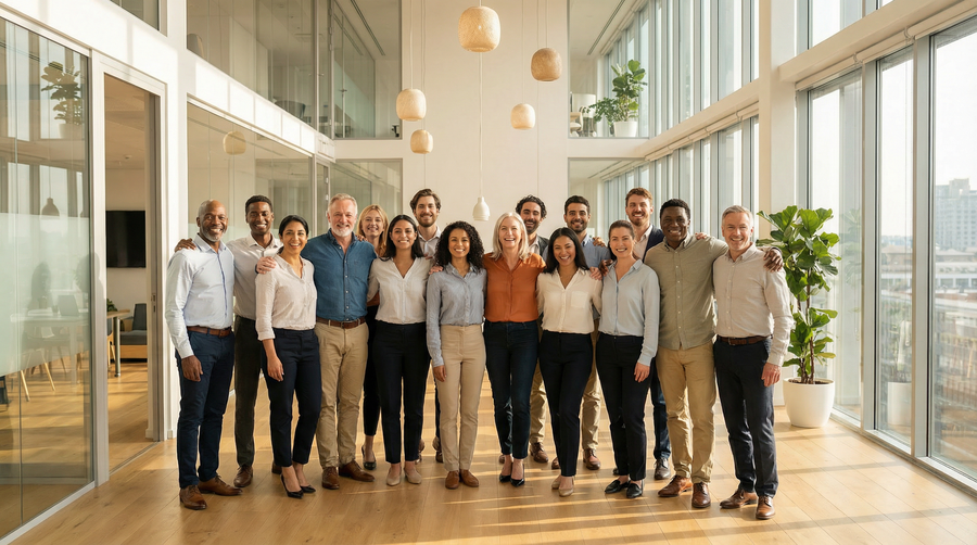 A diverse group of colleagues standing together in a bright office entrance.