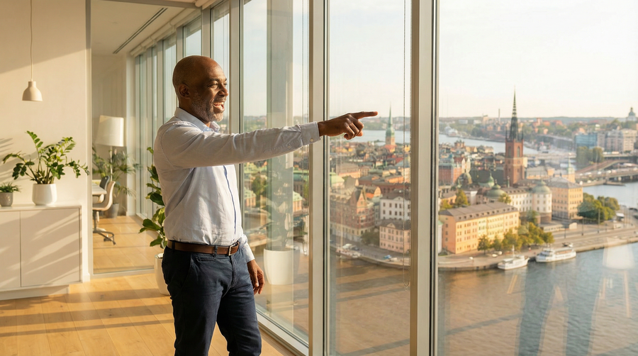 Man i kontorsmiljö pekar ut över stadsvy från ett fönster