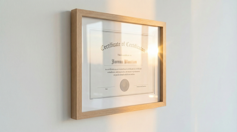 Inramat certifikat på en ljus vägg, som illustration till dokumenterad utbildning.