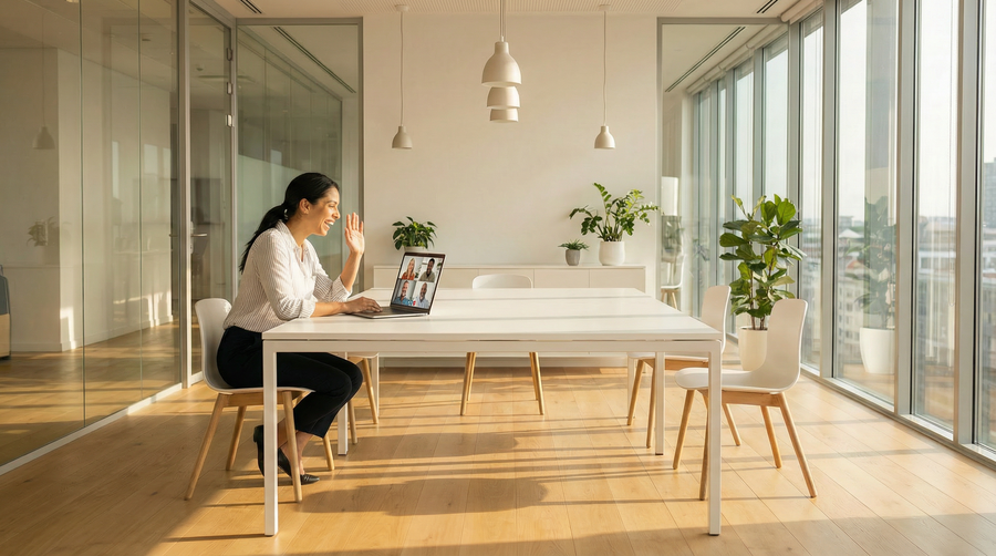 A person joins a video call from a bright office.