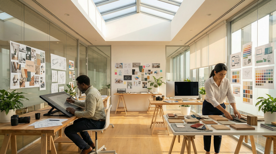 Två personer arbetar med digitala verktyg och material i en ljus kreativ studio.