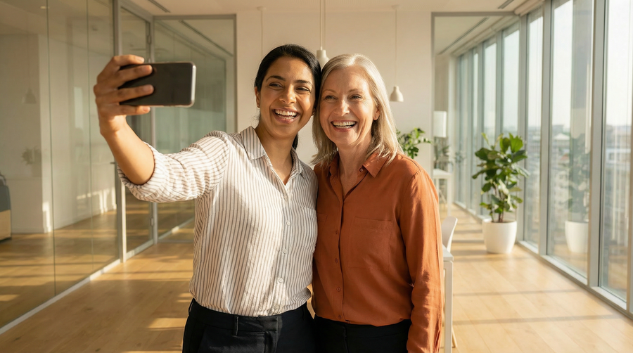 Två leende kollegor tar en selfie i ett ljust kontor.