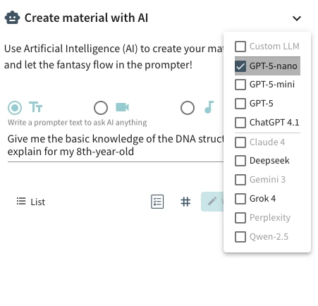 Skärmbild av K3:s Create material with AI där en prompt skrivs och en meny visar valbara språkmodeller, bland annat GPT-5-nano och ChatGPT 4.1.
