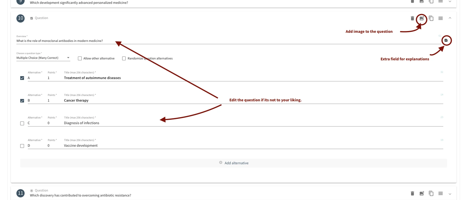 K3:s testverktyg visar en kunskapsfråga med frågetyp, redigerbara svarsalternativ, poäng och kontroller för bild och förklaring.