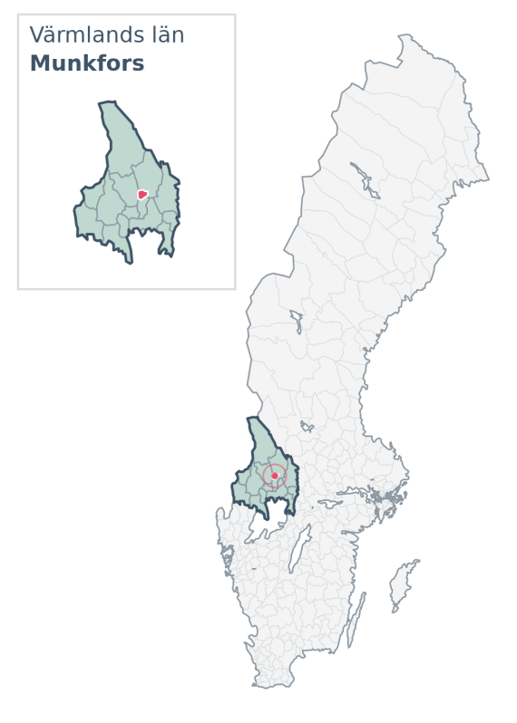 Översiktskarta över Munkfors kommun i Värmlands län, med kommunens läge i Sverige.