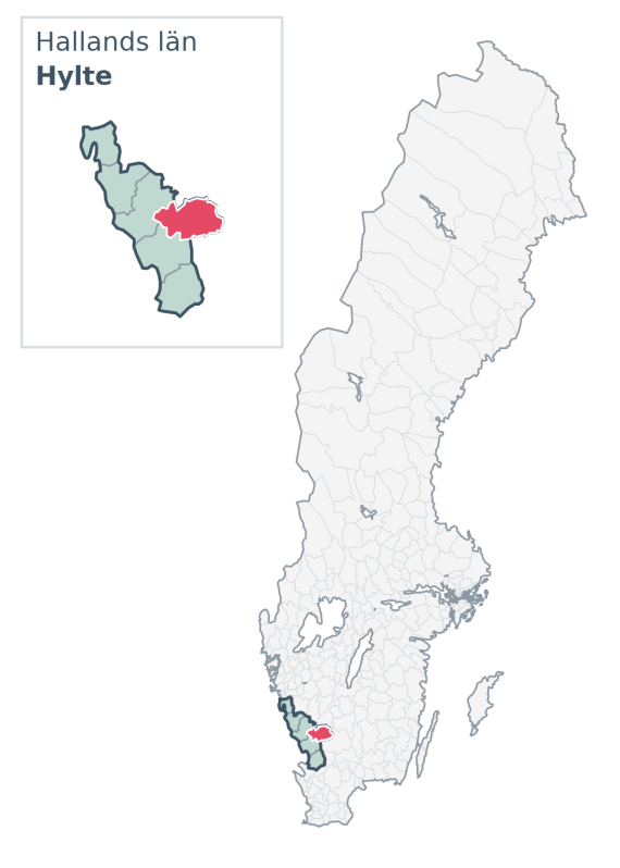 Översiktskarta över Hylte kommun i Hallands län, med kommunens läge i Sverige.