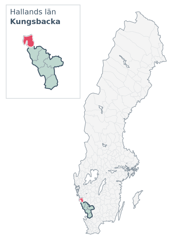 Översiktskarta över Kungsbacka kommun i Hallands län, med kommunens läge i Sverige.