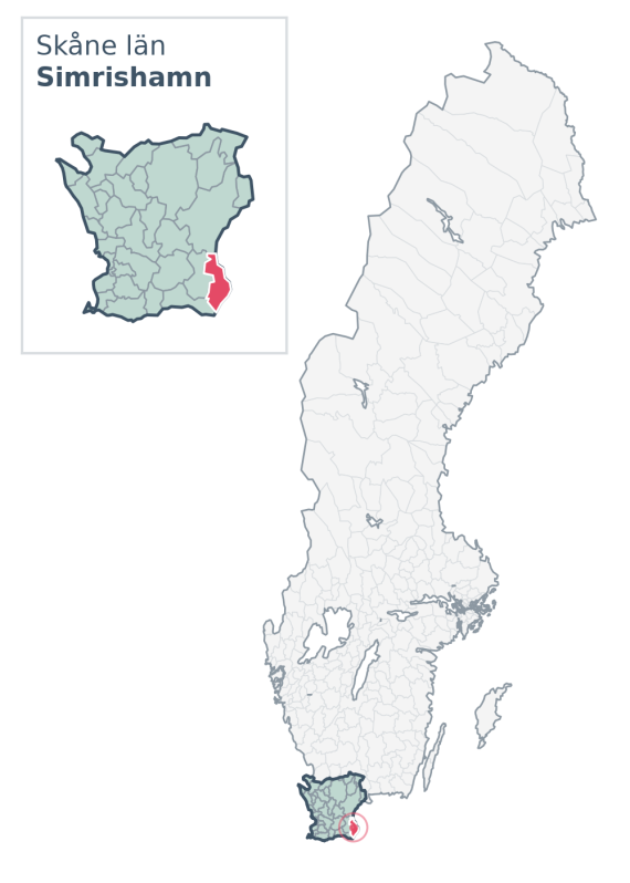 Översiktskarta över Simrishamn kommun i Skåne län, med kommunens läge i Sverige.
