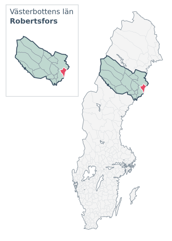 Översiktskarta över Robertsfors kommun i Västerbottens län, med kommunens läge i Sverige.